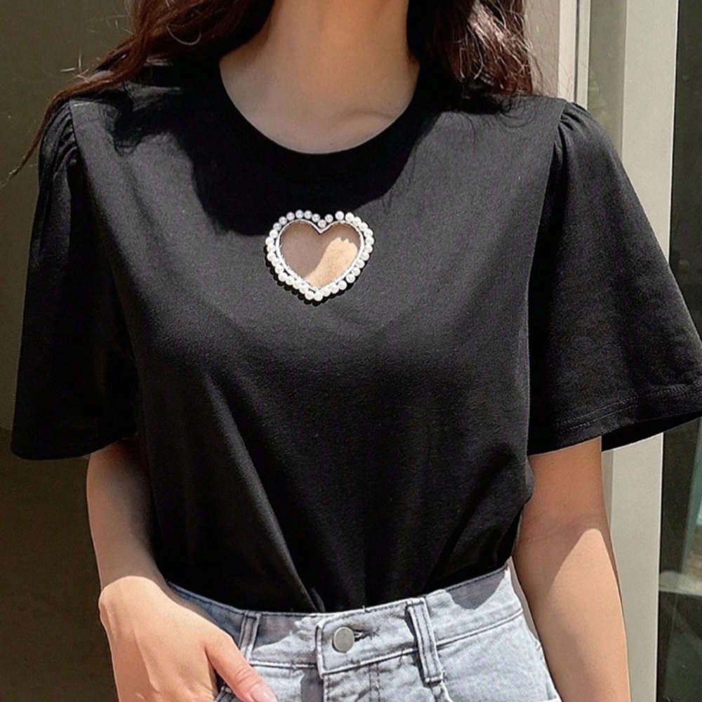 Dazy Black T-shirt with Pearl Trimmed Heart Cut Out